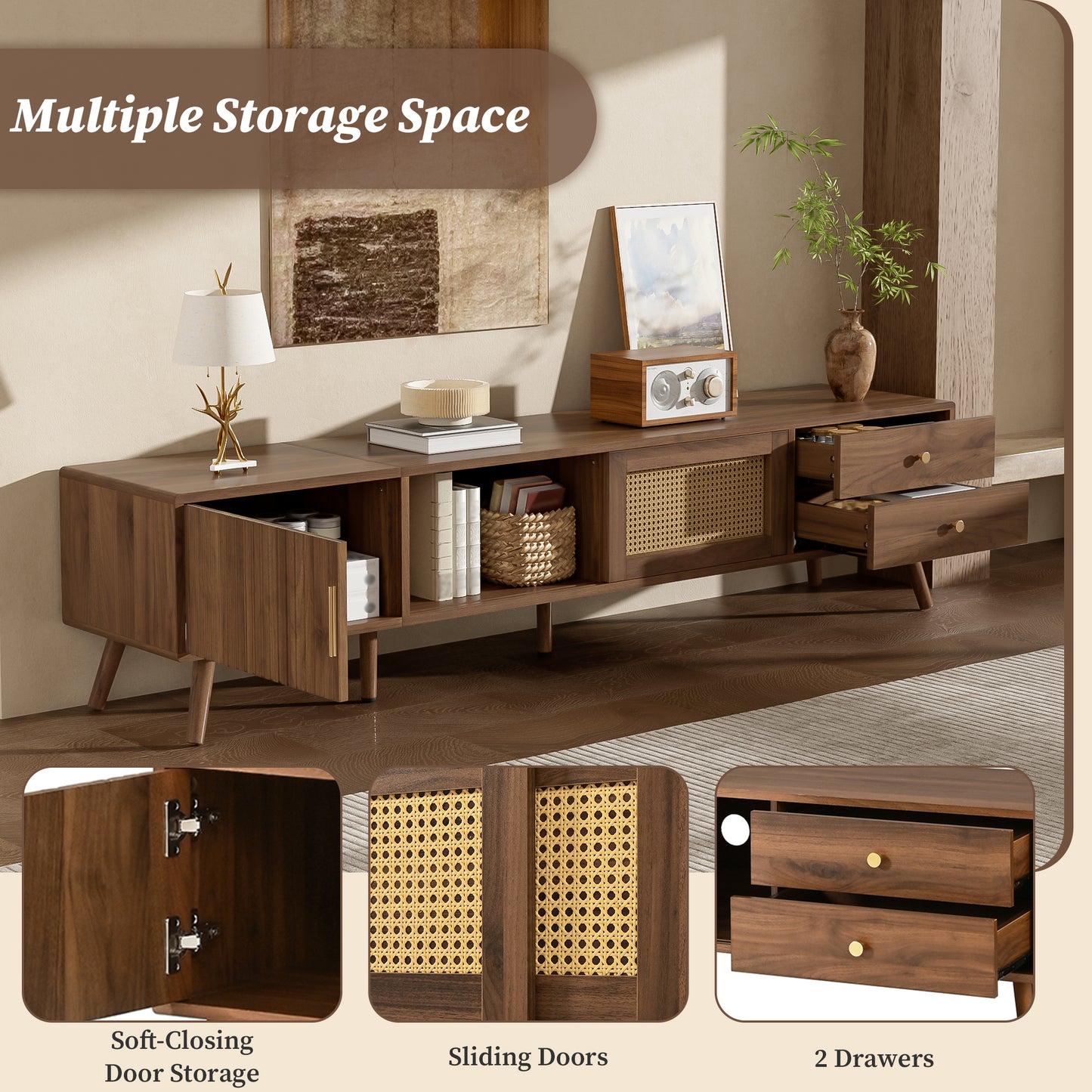 76" Modern Rattan TV Stand for TVs up to 85 Inches - Natural