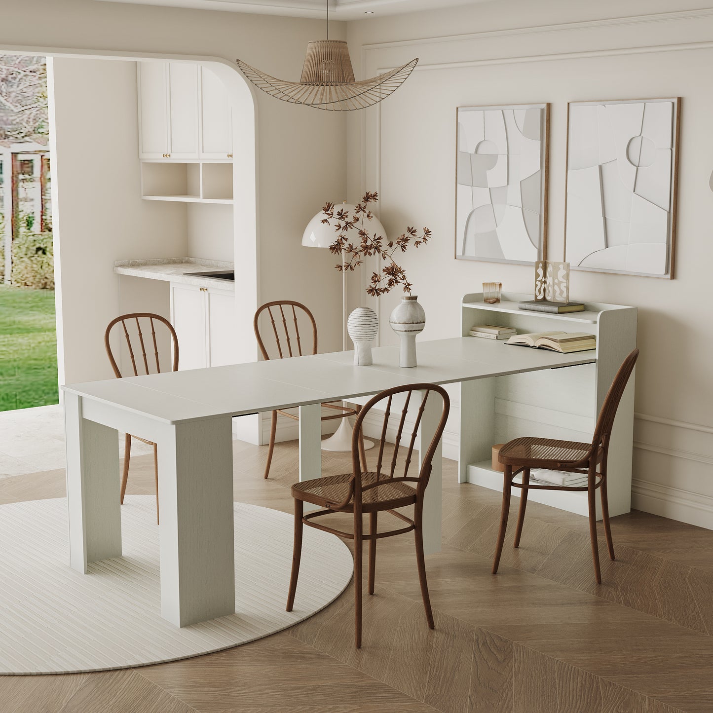 Modern White Extendable Dining Table with Storage