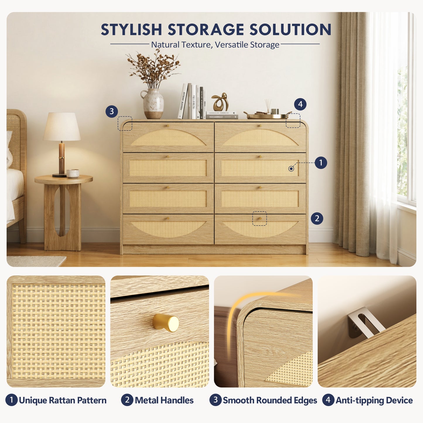 Natural 8-Drawer Dresser with Rattan Front - Wide Storage Cabinet