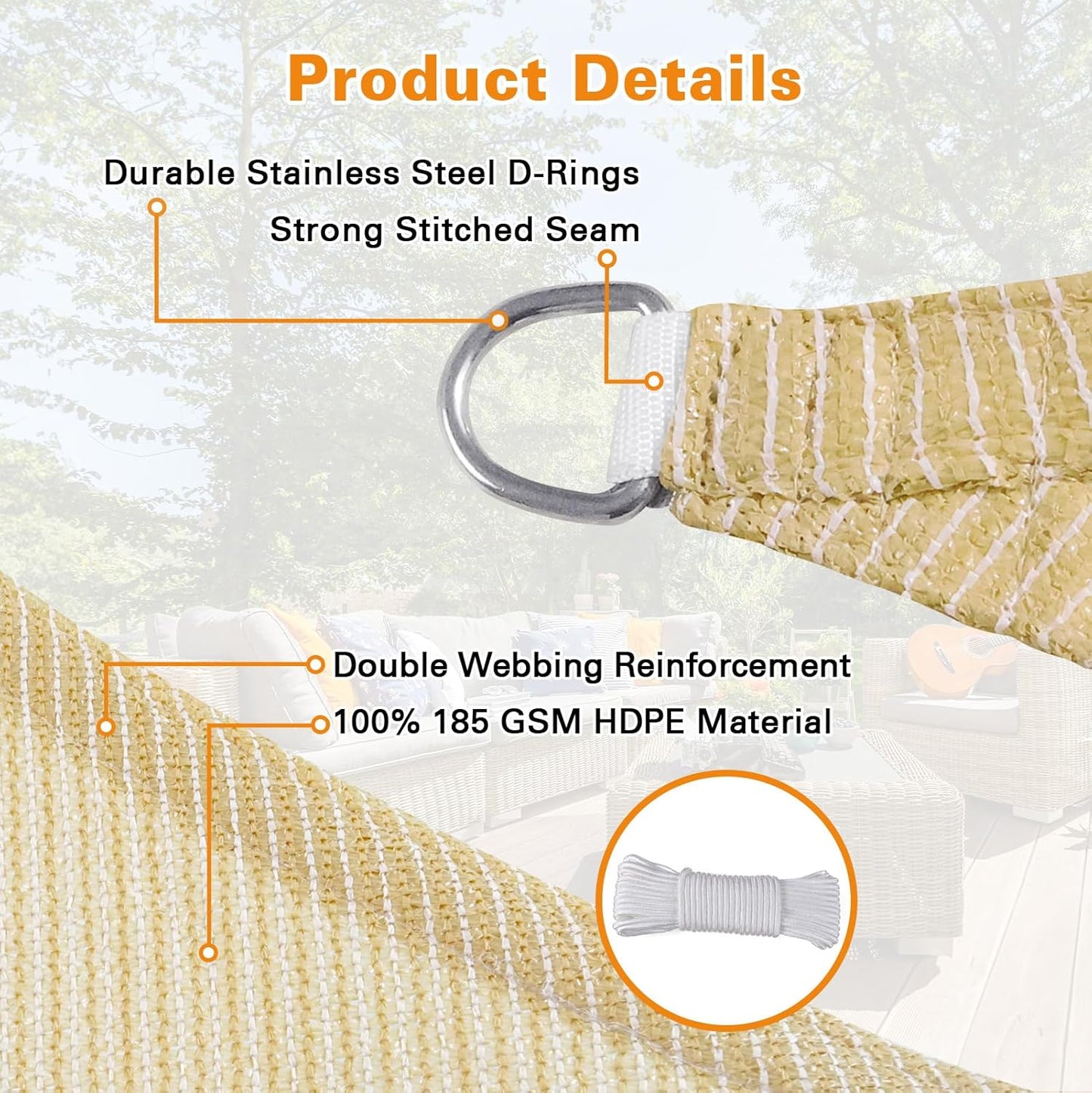 Large Sunshade Sail for Garden & Patio UV Protection 10x10x14 ft - Dark Grey, Mocha, Sand, Light Grey