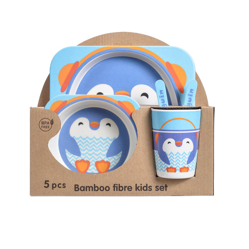 Baby Bamboo Tableware Set 5pcs - Cartoon Childrens Dinnerware for Kids