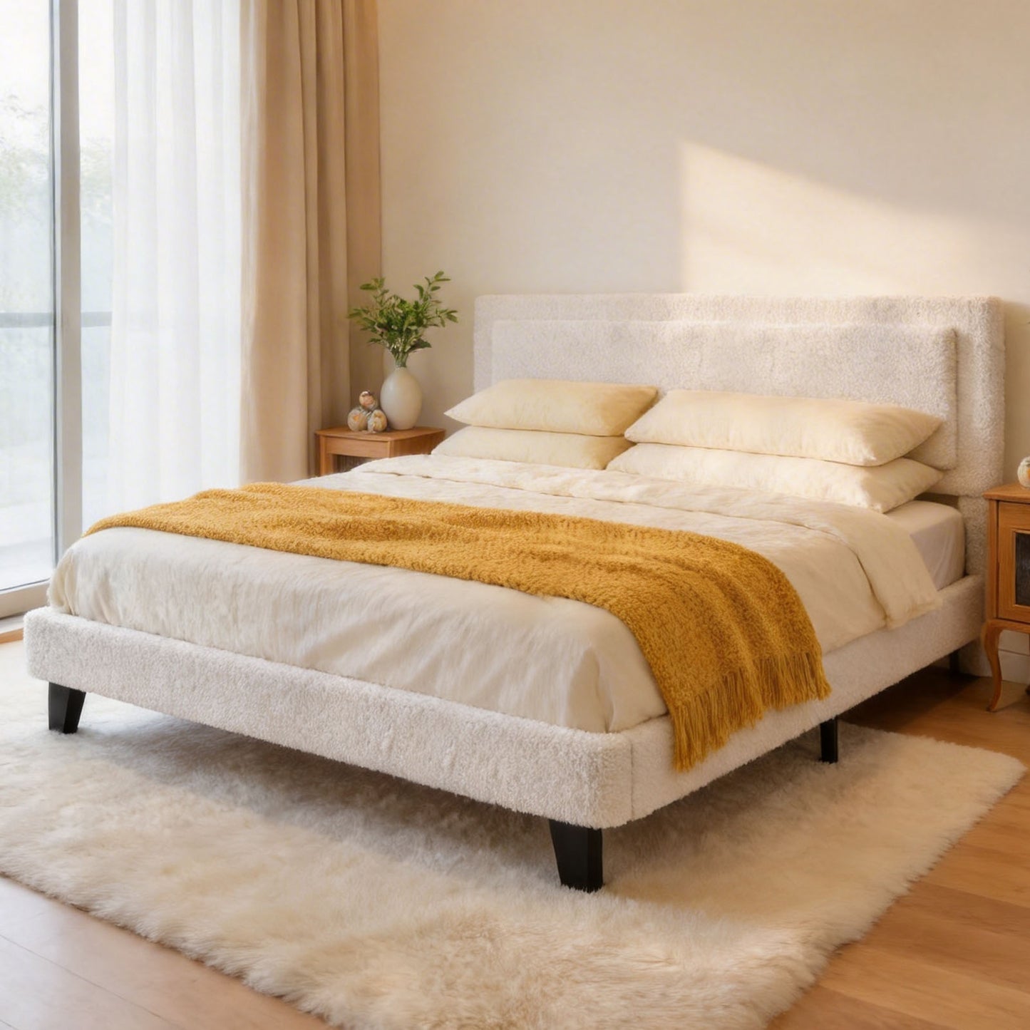 King Size Bed Frame With Adjustable Headboard Wood Slat Upholstered