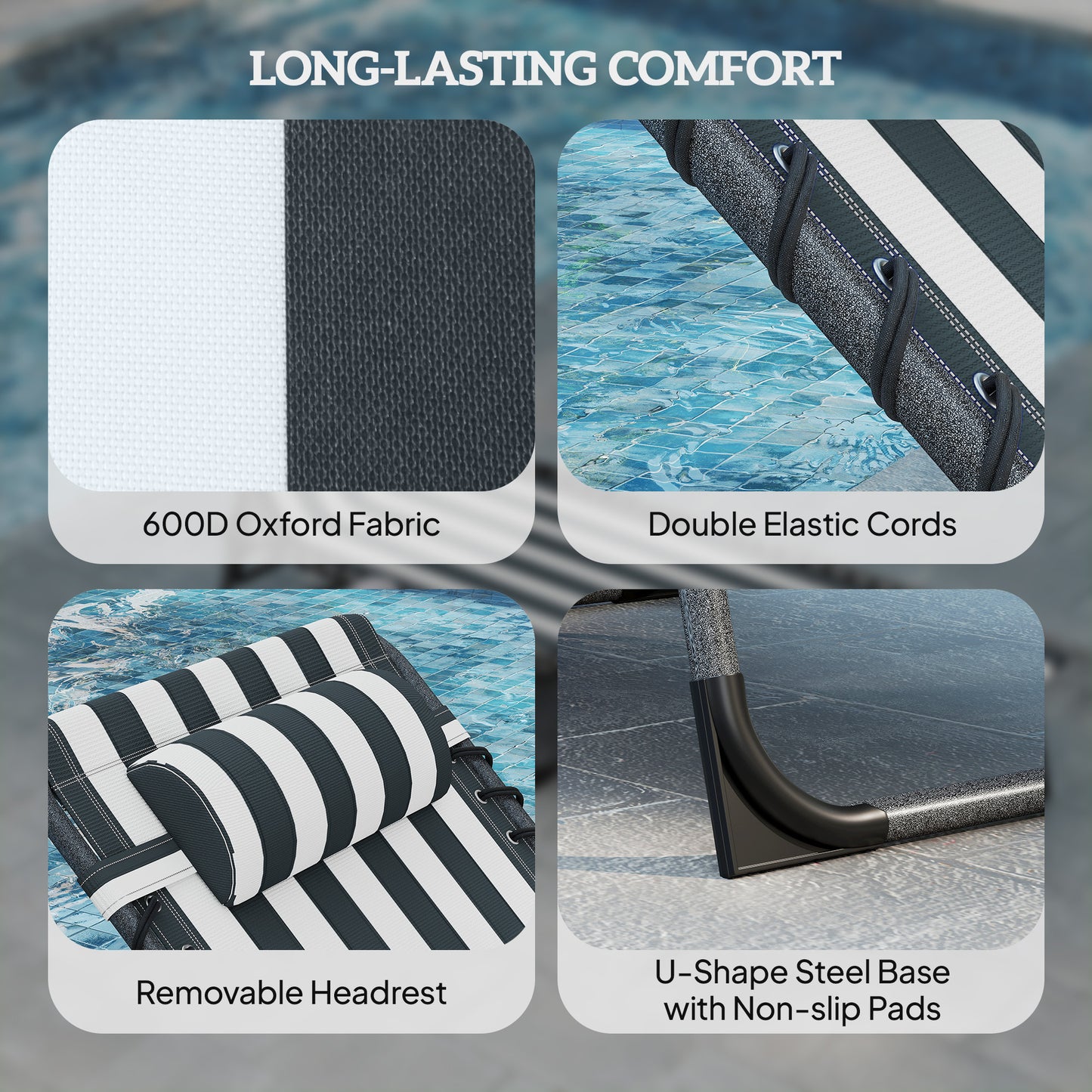 Folding Outdoor Chaise Lounge Chair with Adjustable Back & Side Table - Blue & White