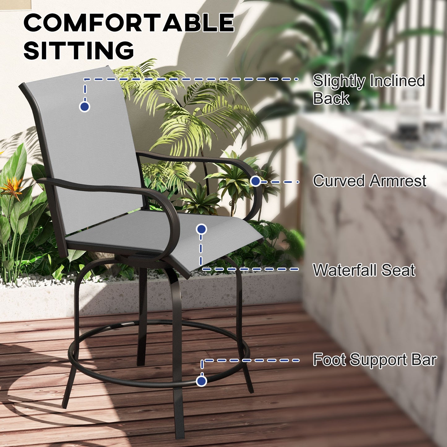 Outdoor Bar Stools Set of 2 - 360° Swivel Gray Chairs