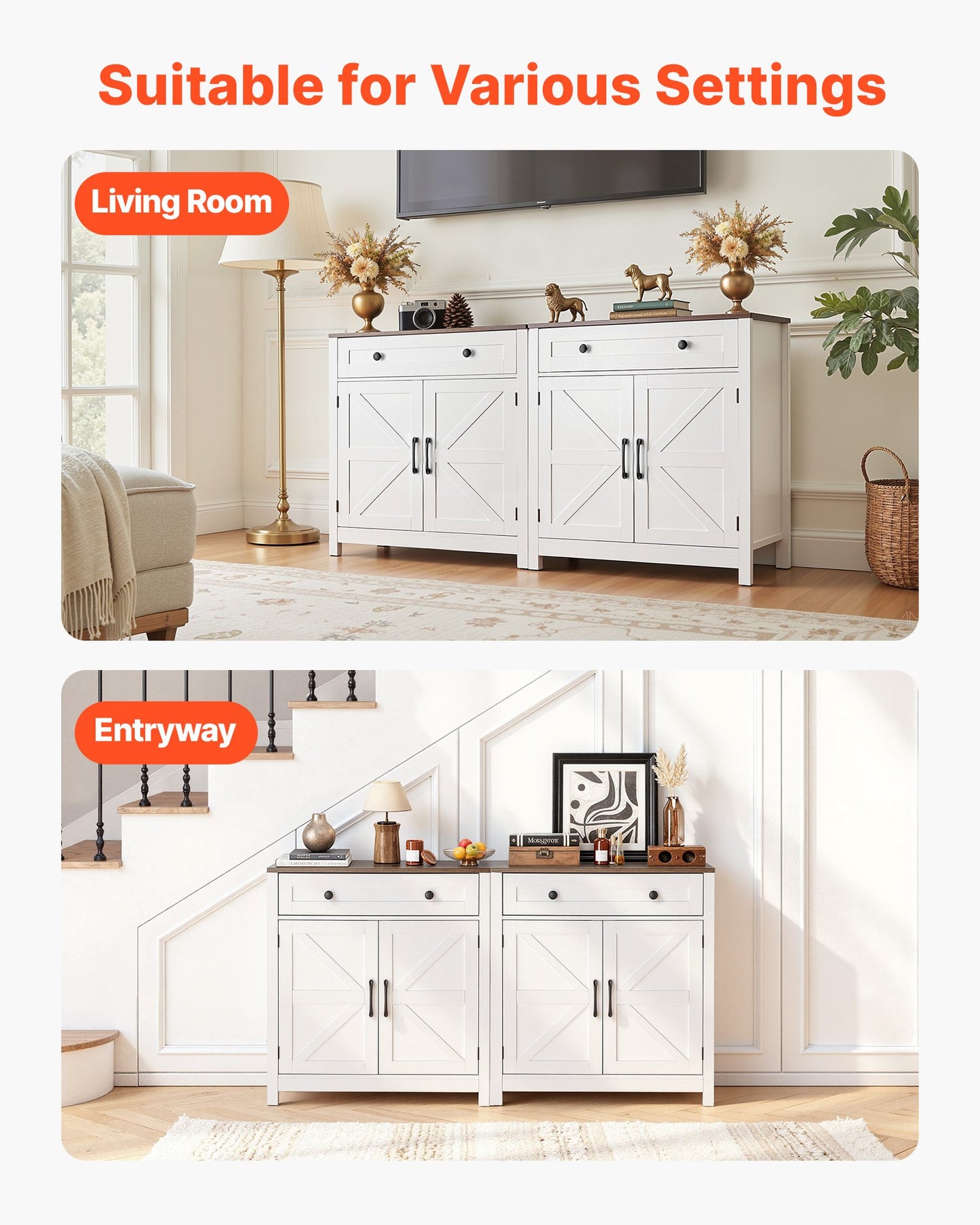 Farmhouse Coffee Bar Cabinet with Drawers and Barn Doors - White