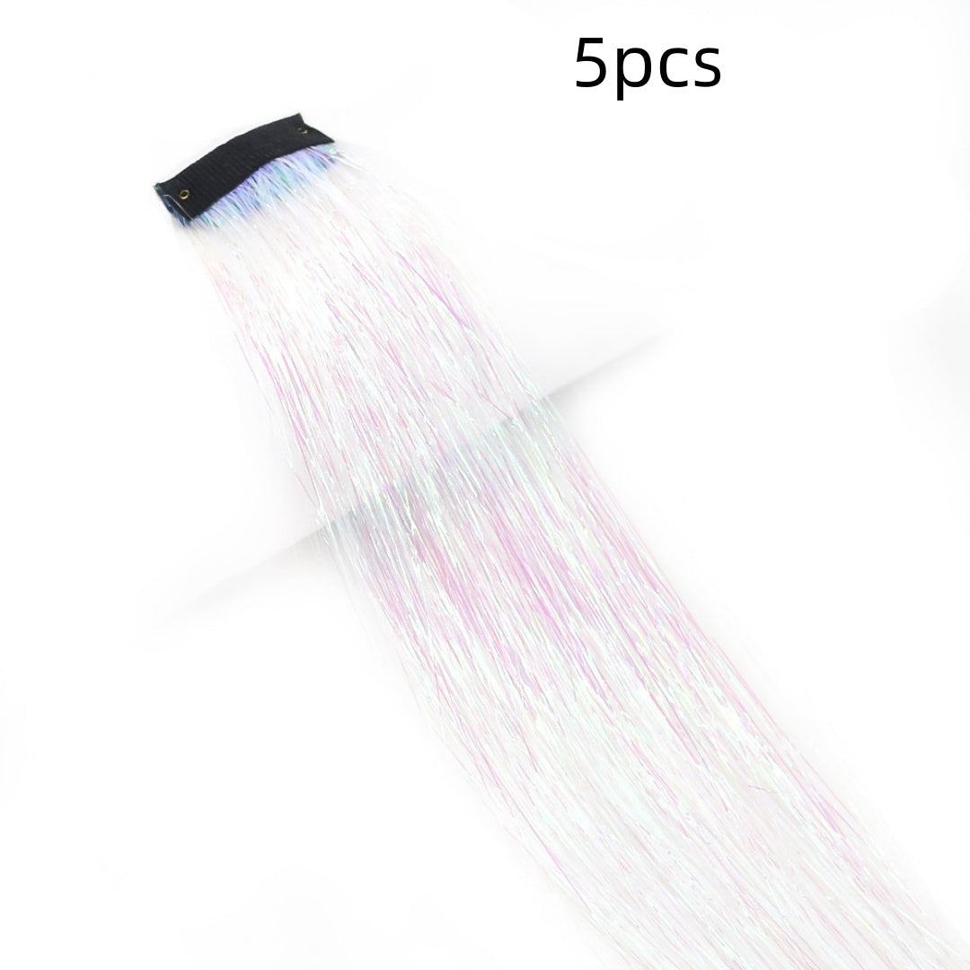 Clip-In Rainbow Hair Extensions - Long Synthetic Wig with Gold Thread