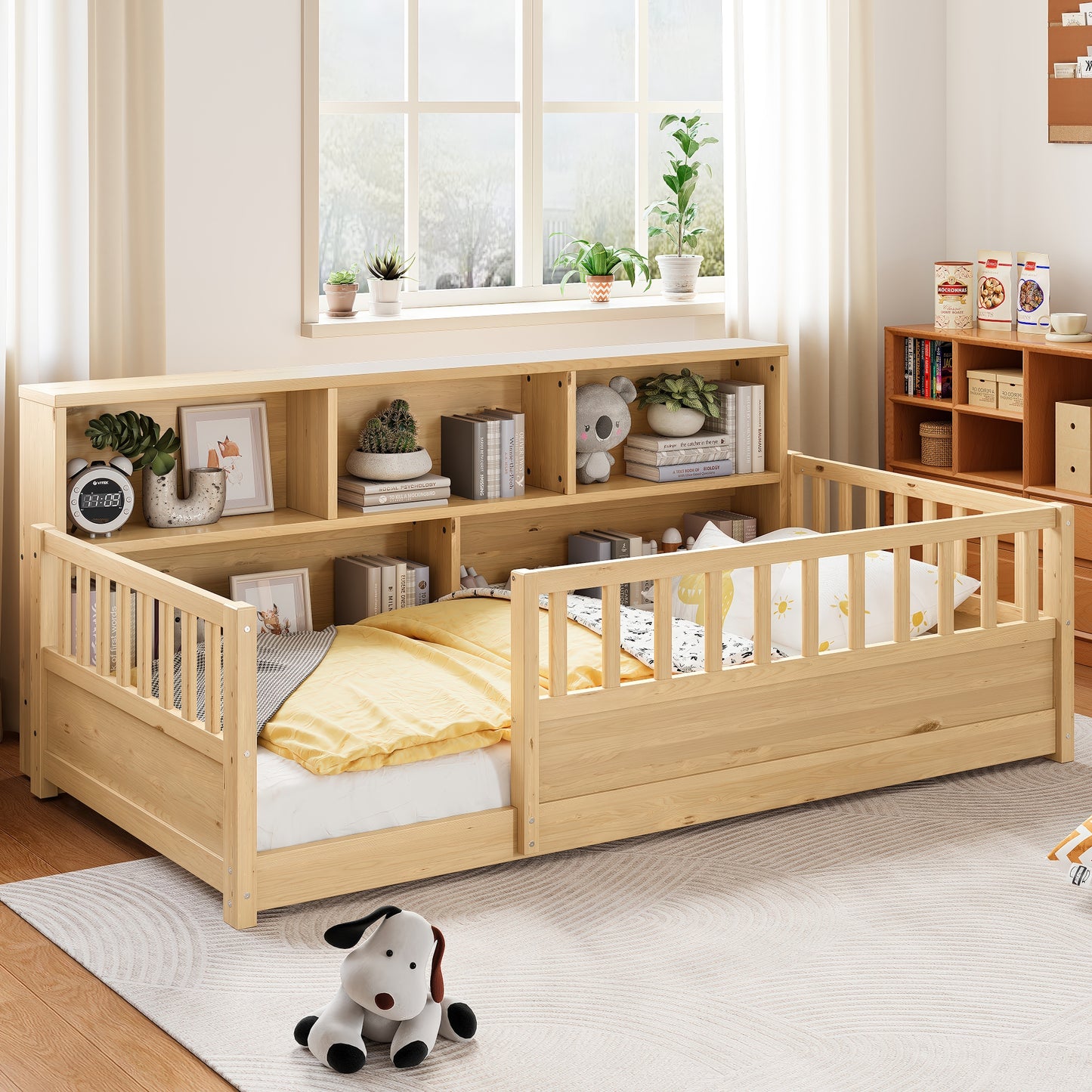 Twin-Sized Wooden Floor Bed with Fence Guardrail & Storage