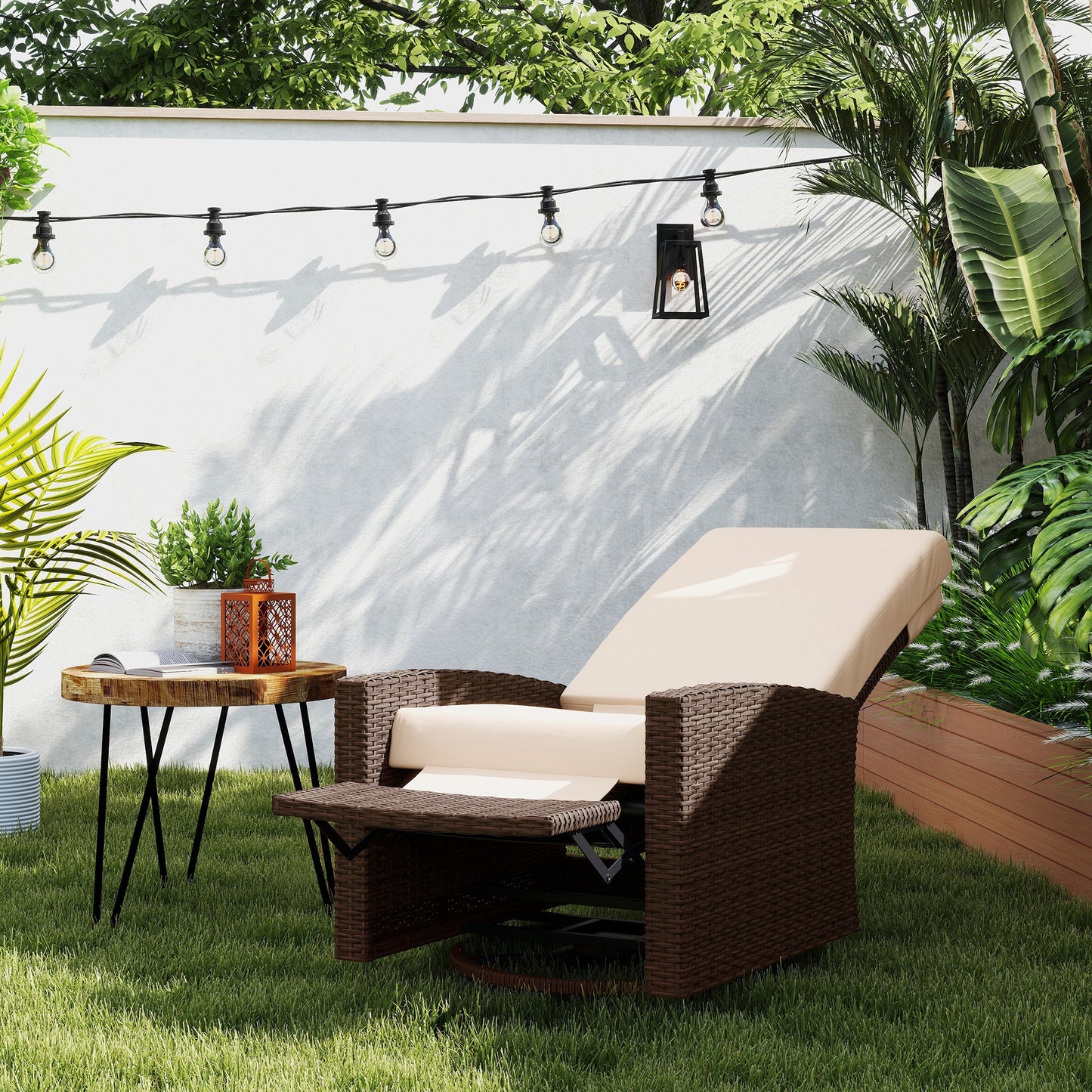 Outdoor Wicker Swivel Recliner Chair with Footrest - Cream White