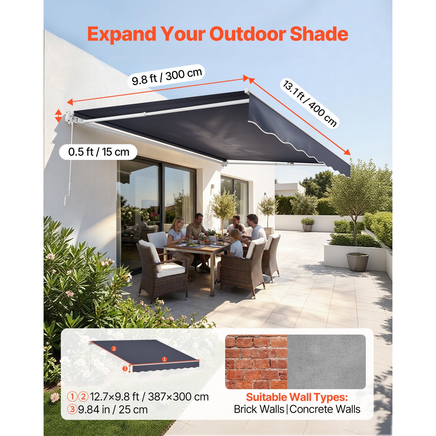 Retractable Patio Awning 13.1' x 9.8' Gray Water-Resistant Sun Shade with Crank