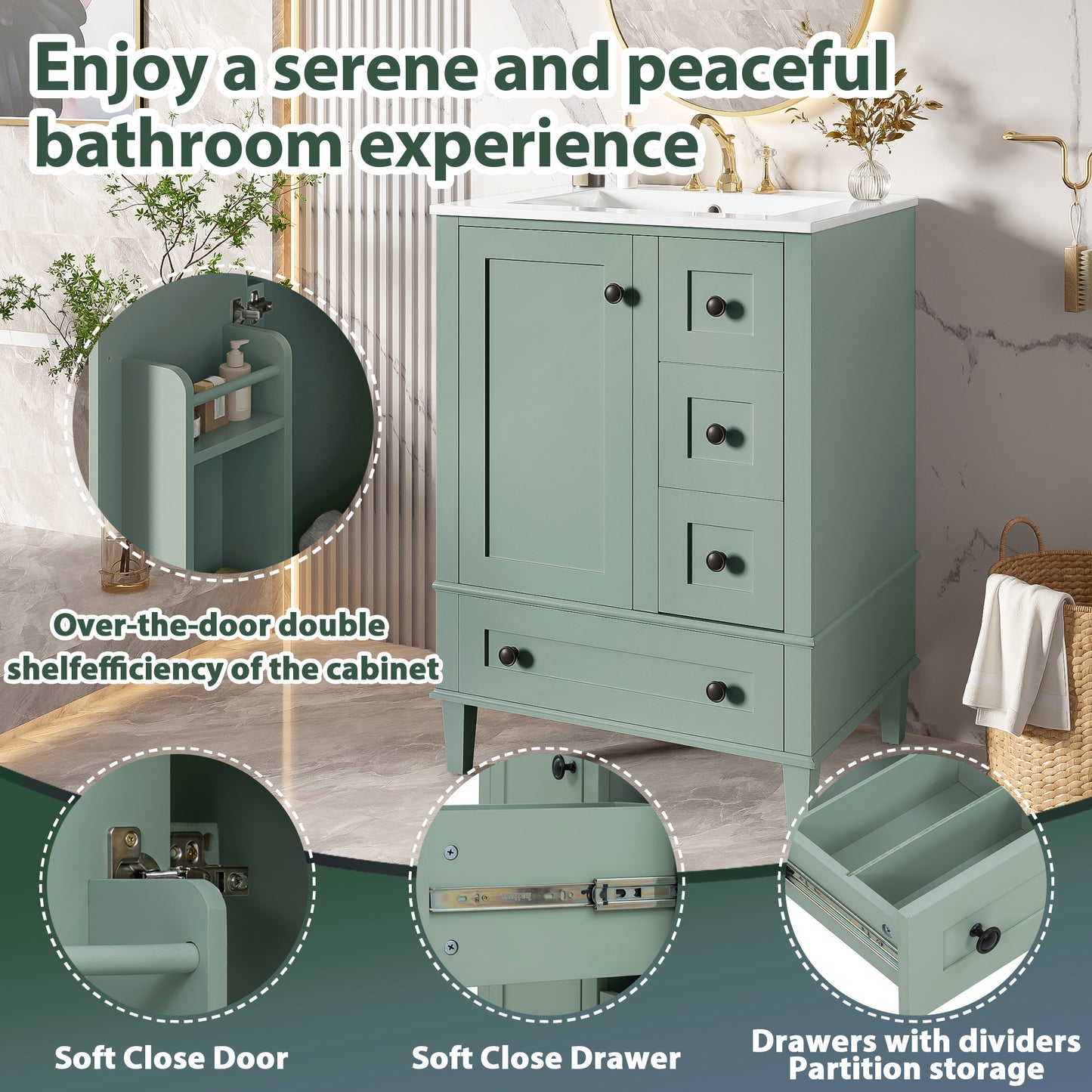 24-Inch Light Green Bathroom Vanity with Integrated Basin