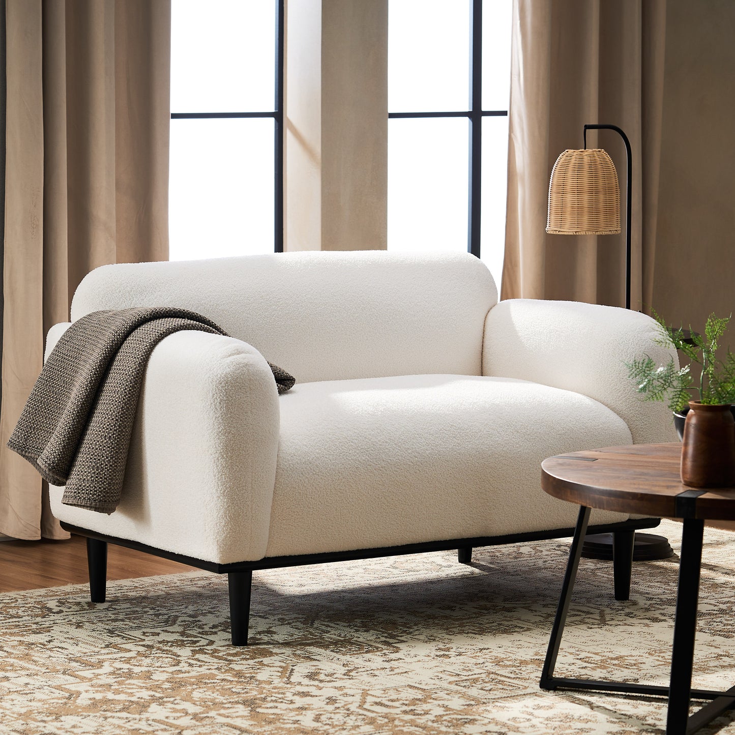 50-Inch White Boucle Loveseat Sofa with Black Legs