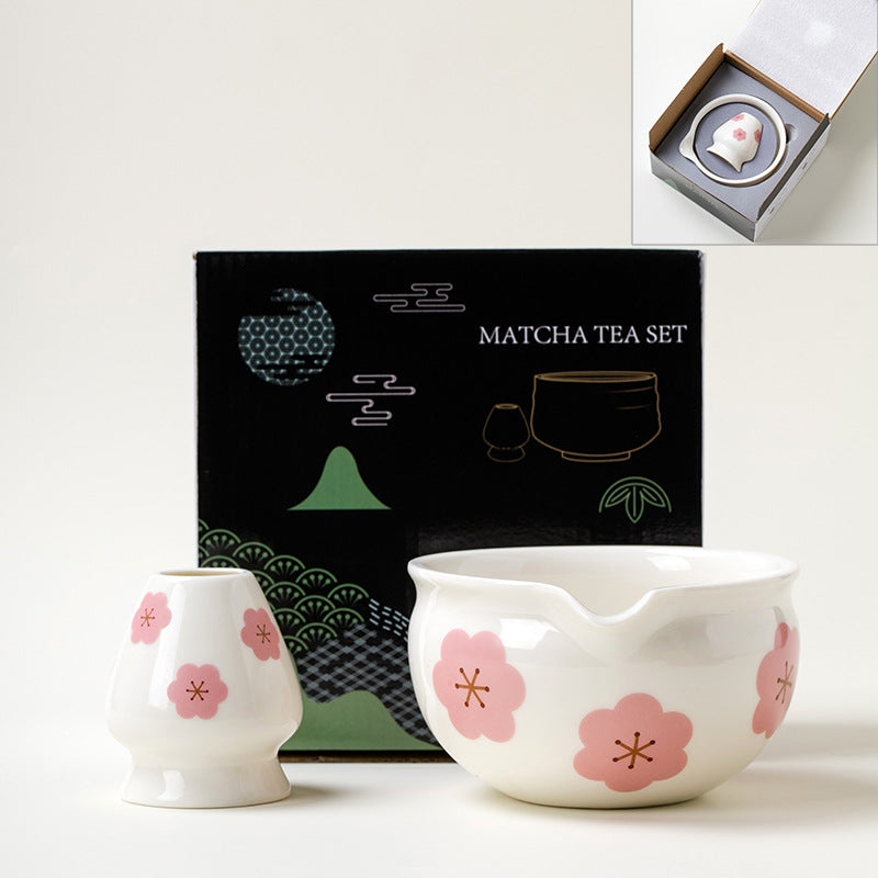 Ceramic Matcha Bowl Set Japanese Style Flower Pattern Home Barware