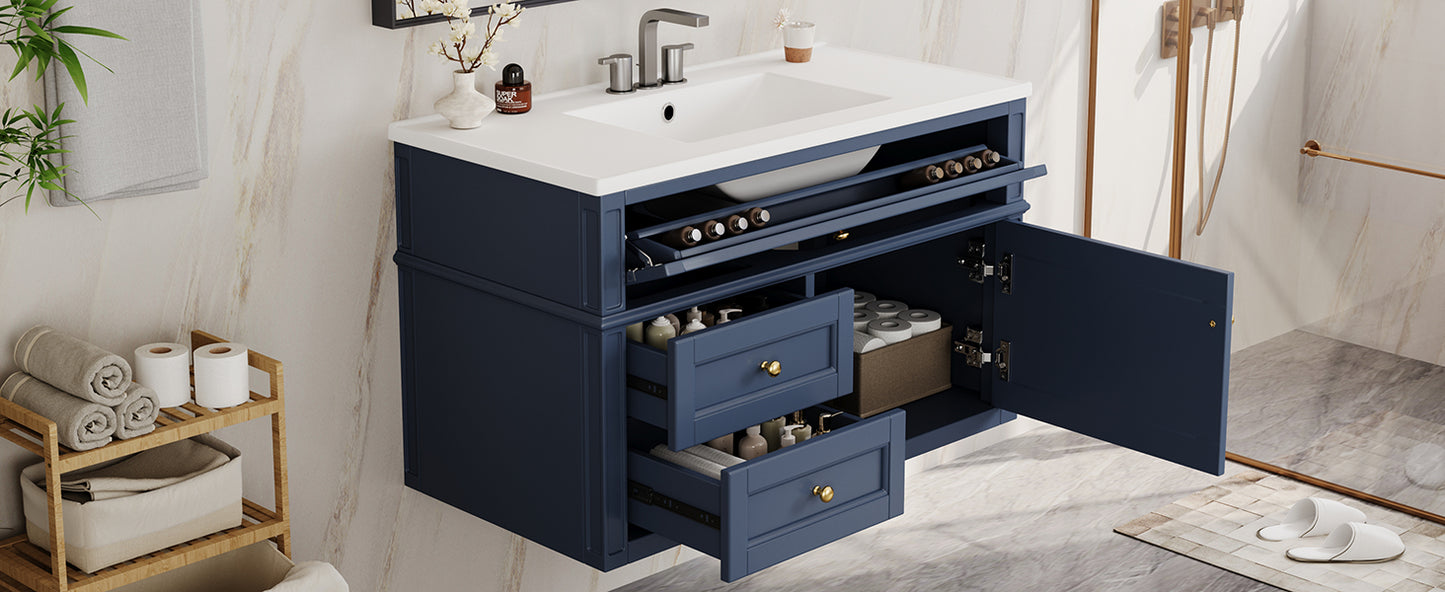 36-Inch Wall Mounted Bathroom Vanity with Ceramic Sink - Blue