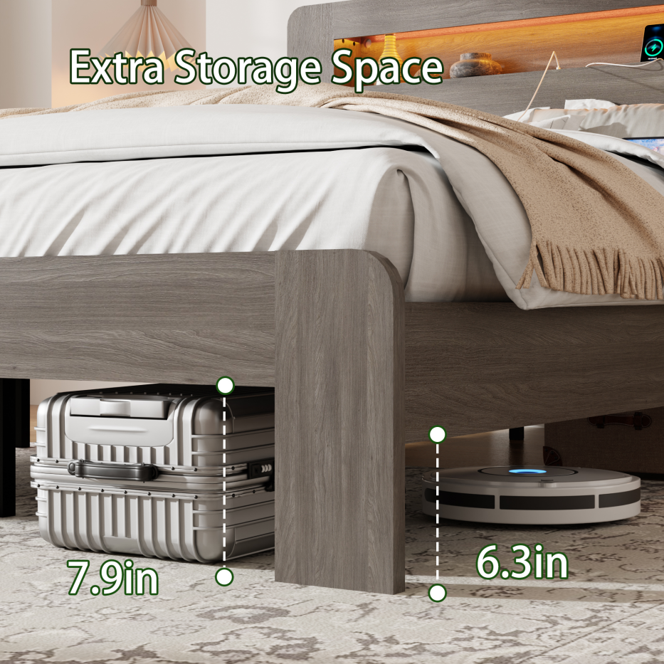 Queen Wood Bed Frame with LED Headboard, USB Ports & Storage