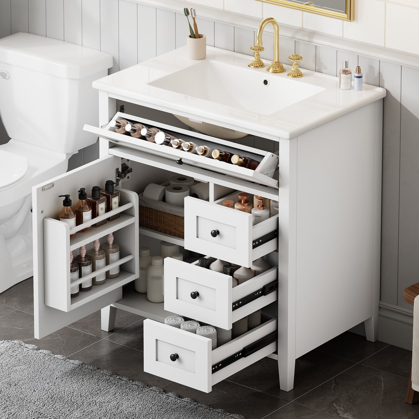 30-Inch White Bathroom Vanity with Sink, MDF & Rubberwood Cabinet