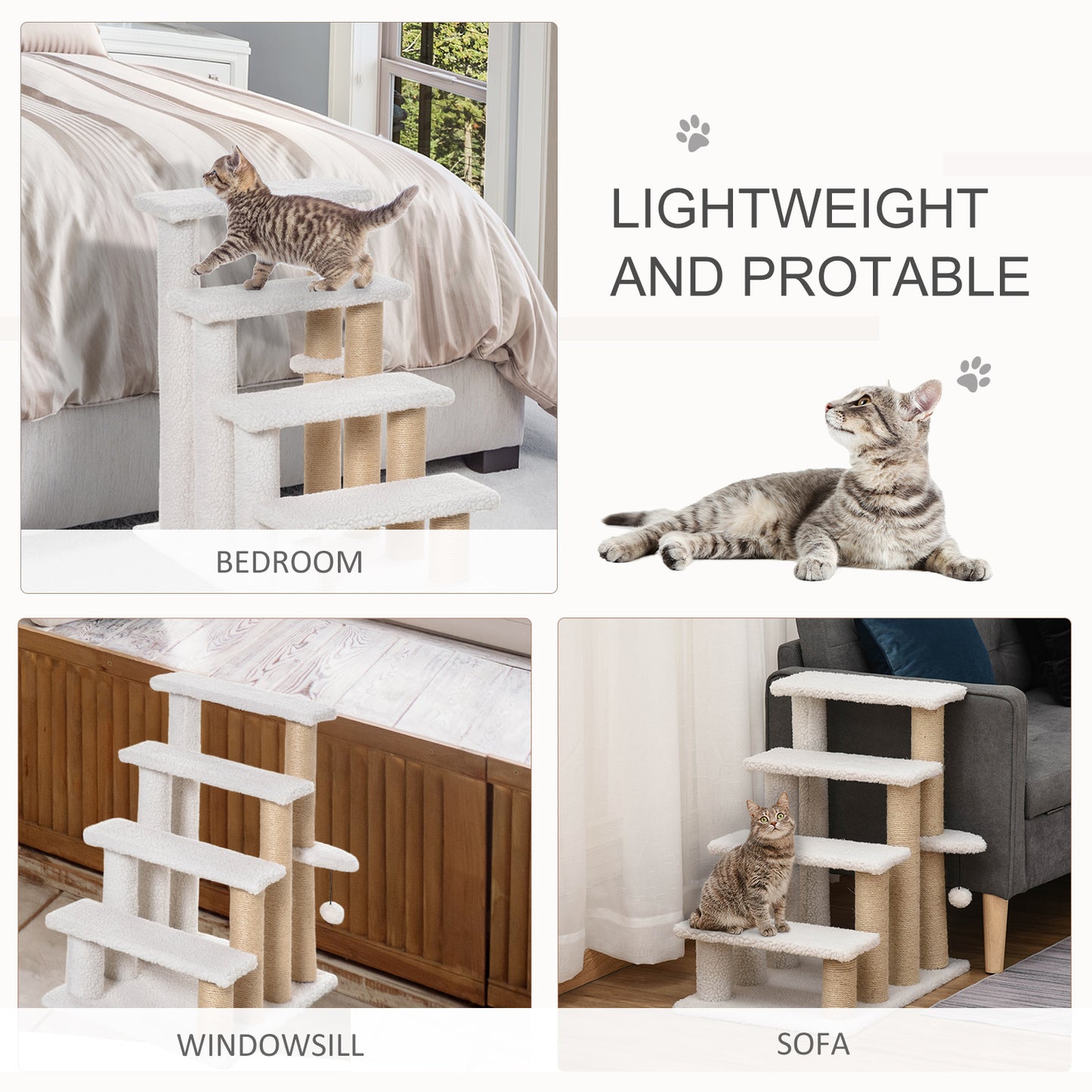 White 4-Level Cat Steps with Scratching Posts for High Beds and Sofas