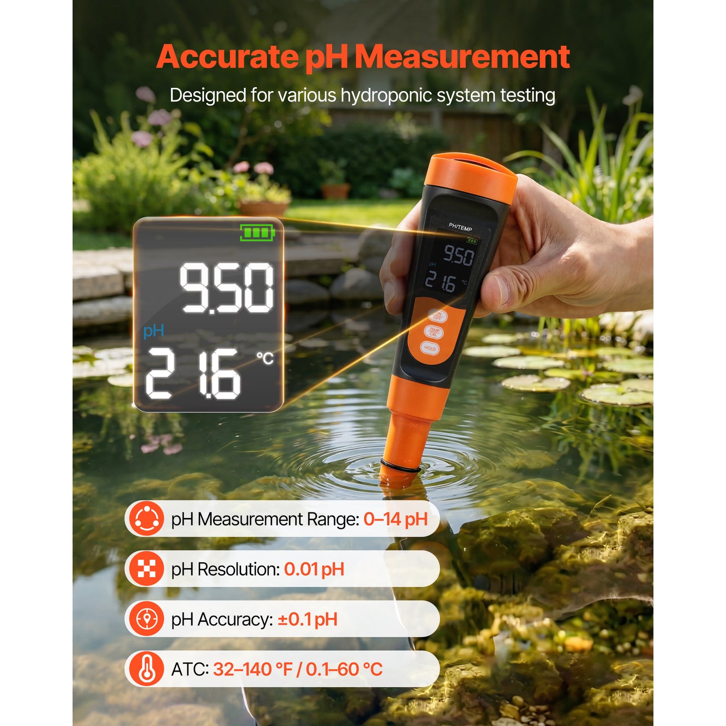 Digital pH Meter Waterproof Probe for Water Testing - 0-14 pH Range, Pocket Kit with Calibration Powder