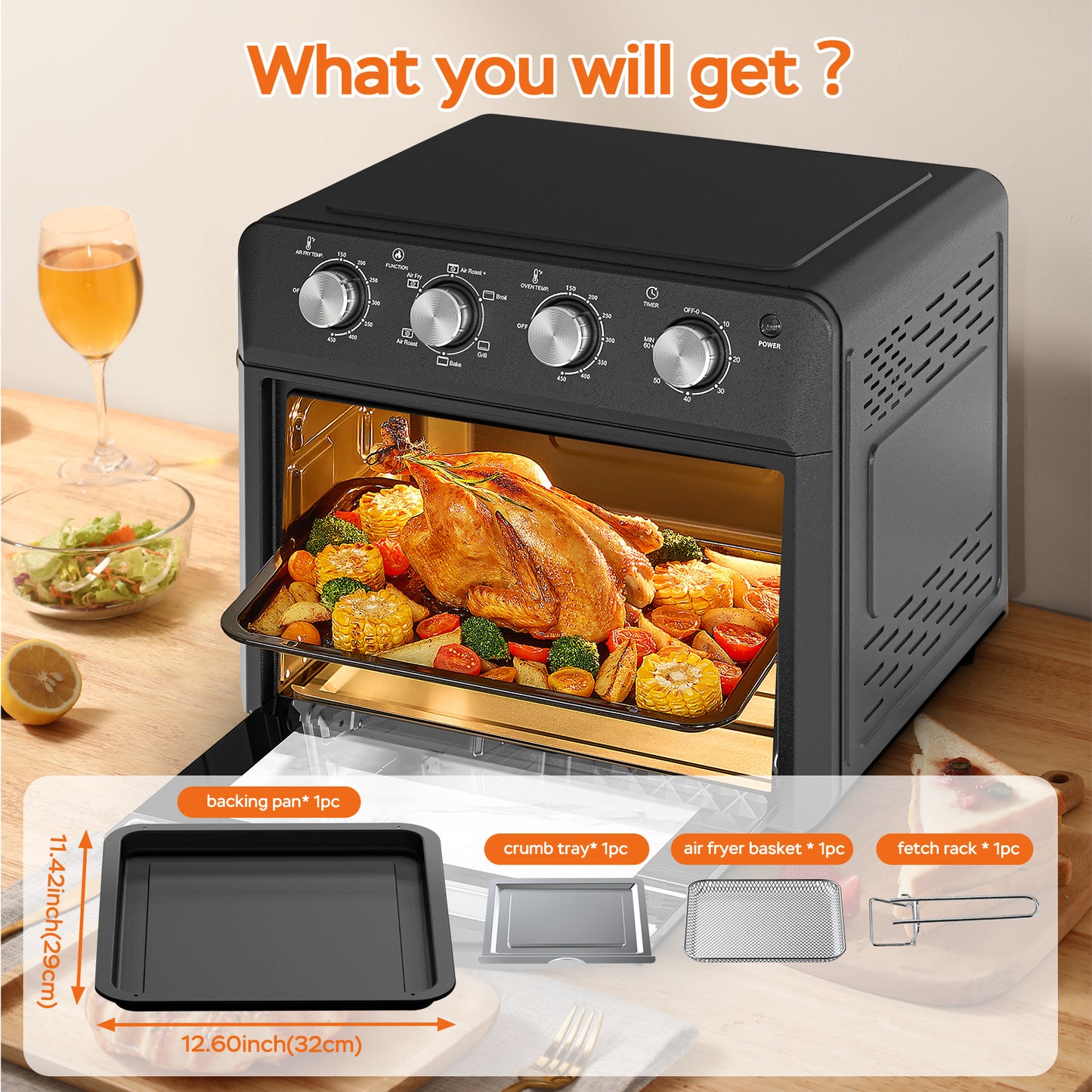 27.5QT 6-in-1 Air Fryer Toaster Oven - Black