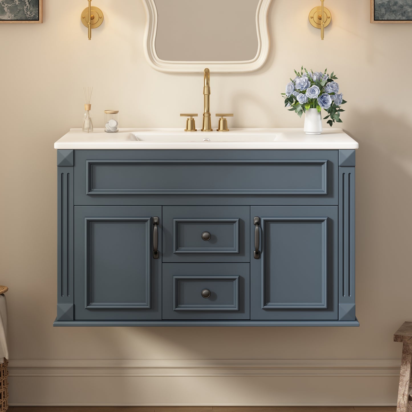 36-Inch Wall Mounted Bathroom Vanity with Ceramic Sink - Blue