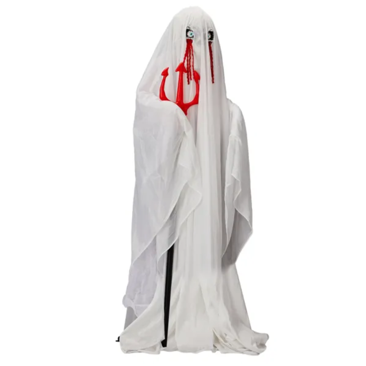Life Size Animatronic Ghost Decoration with Trident - Sound Activated with Green Lights