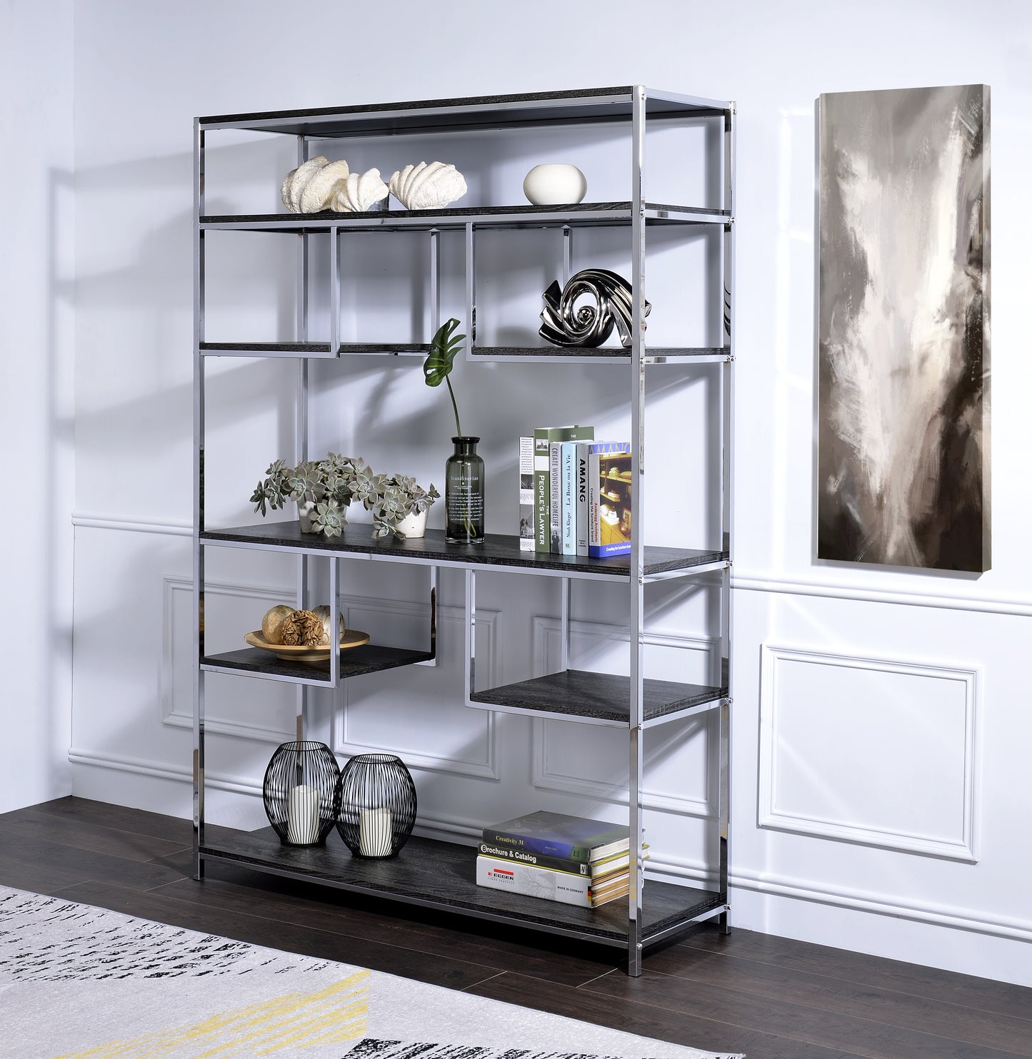 Rustic Gray Oak & Chrome Bookshelf - 7 Shelves, 72" Tall