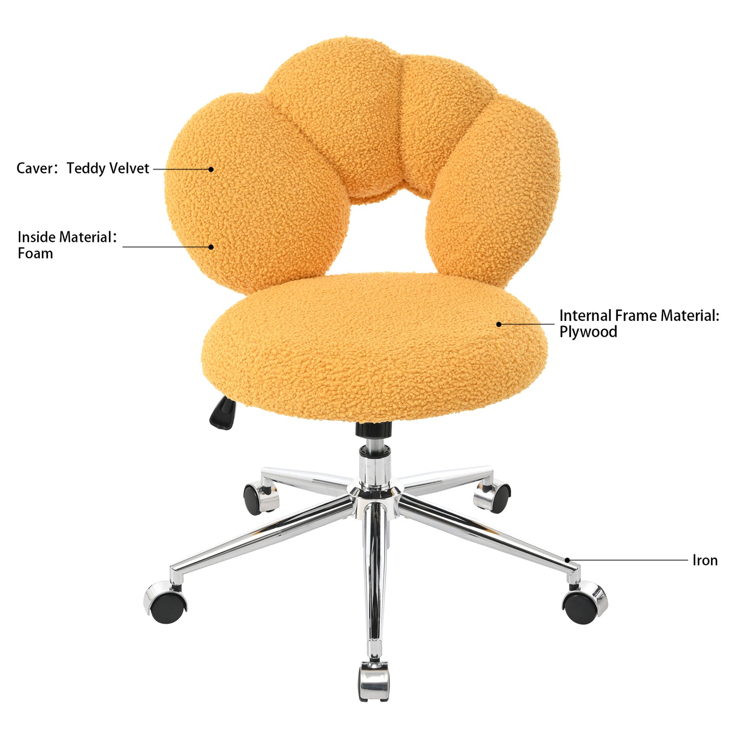 Height Adjustable 360° Swivel Chair - Yellow Teddy Fabric