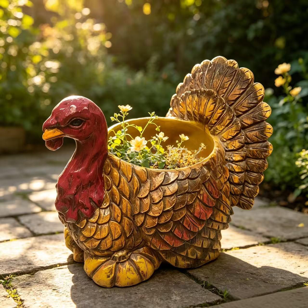 Resin Turkey Flower Pot for Outdoor Garden Decor - Handmade Halloween & Thanksgiving