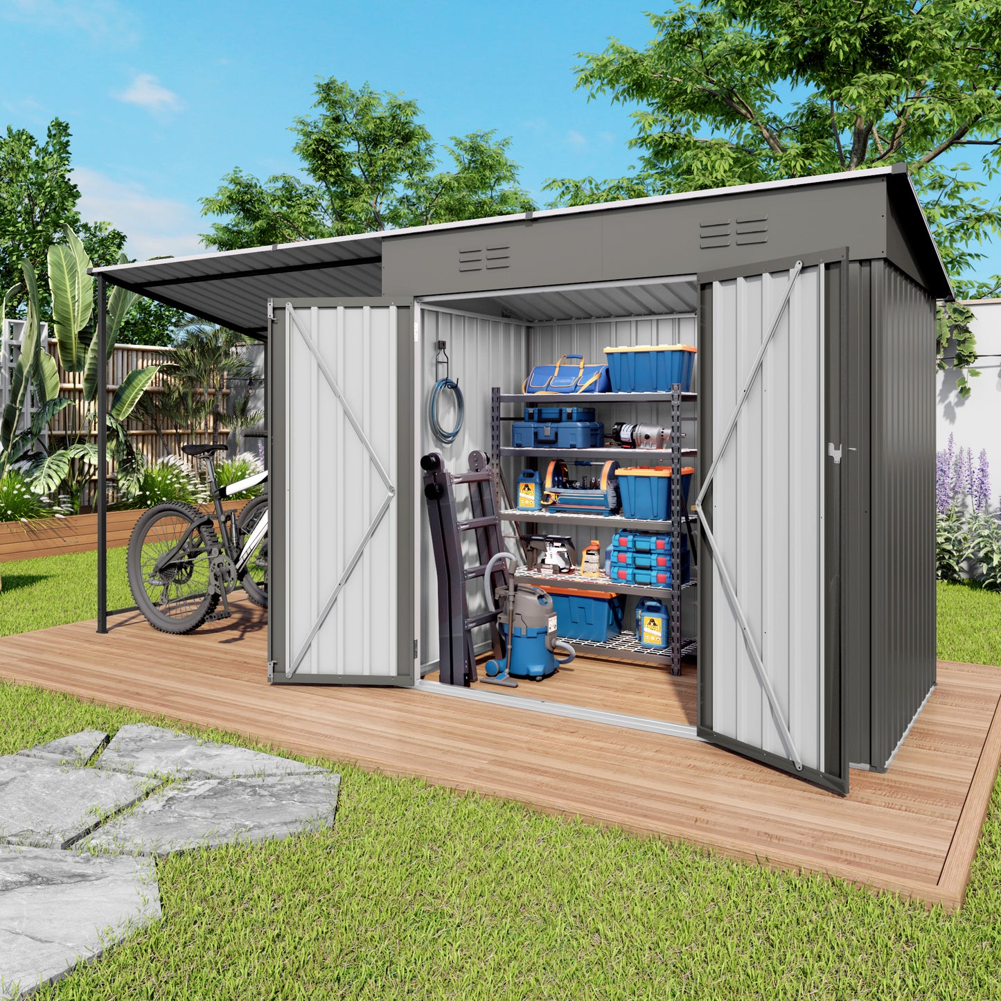12x4ft Metal Lean To Shed With Open-Sided Pergola , 4'x6' Outdoor