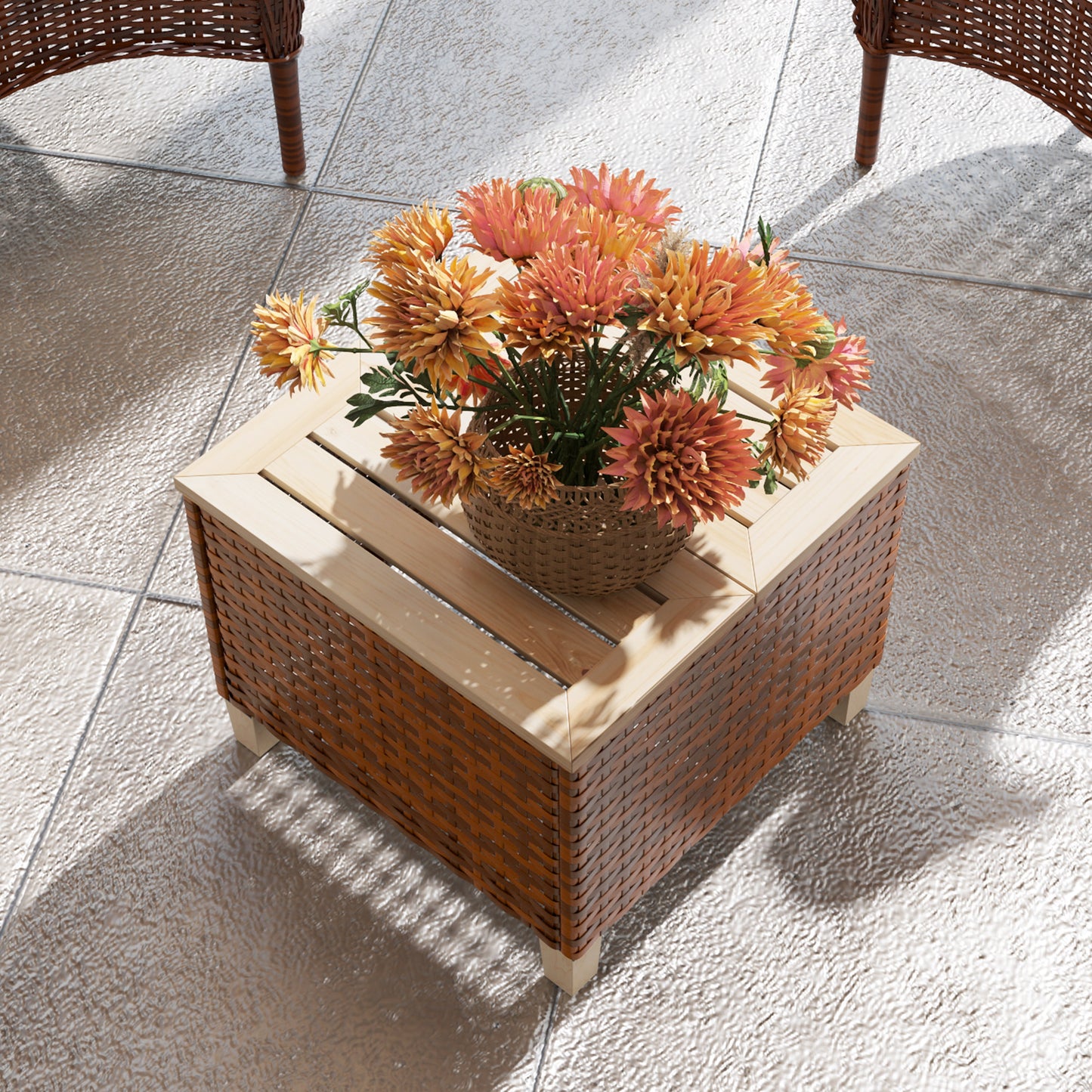 Outdoor Side Table with PE Rattan & Natural Fir Wood Top - Brown