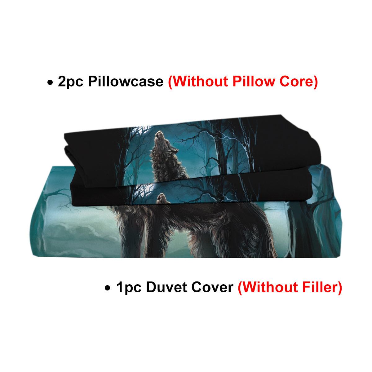 Moon Wolf Duvet Cover Set - Watercolor Forest Design, 3 Pieces
