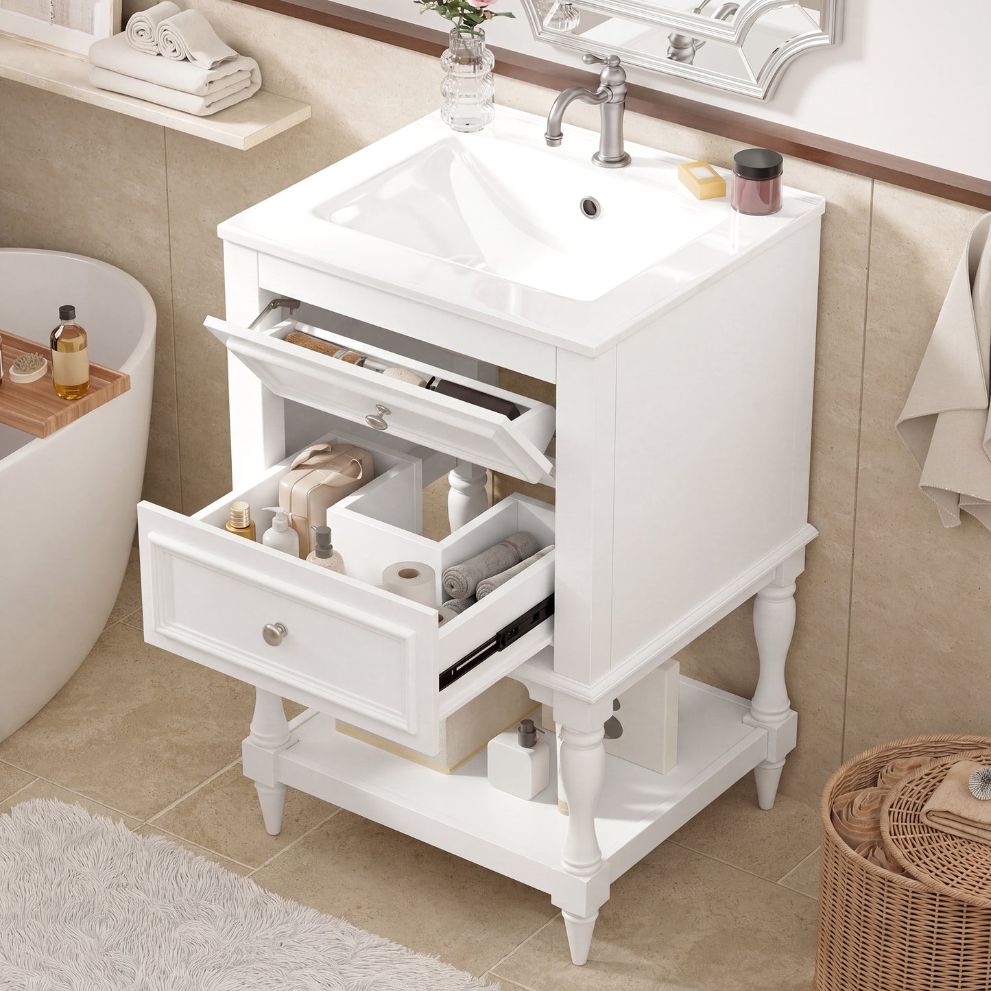 20'' White Bathroom Vanity with Ceramic Sink & Storage Cabinet