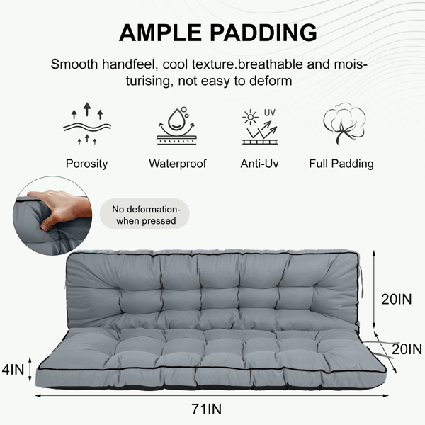Waterproof 70-Inch Outdoor Swing Cushion with Backrest and Ties - Light Grey