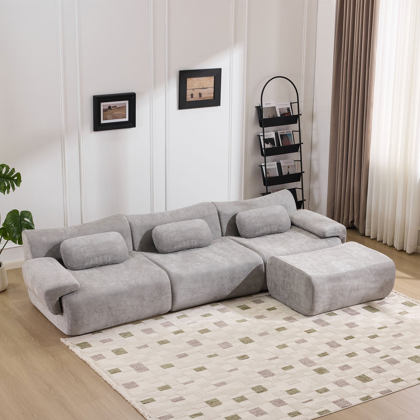 Modular Chenille Armchair with 3 Pillows - Extra-Large Grey Sofa