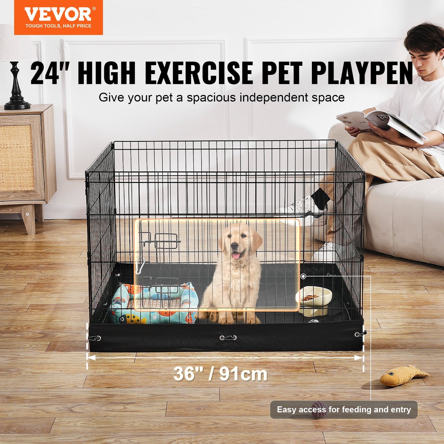 Foldable Metal Dog Playpen 36 Inch with Bottom Pad - Black Pet Guardrails