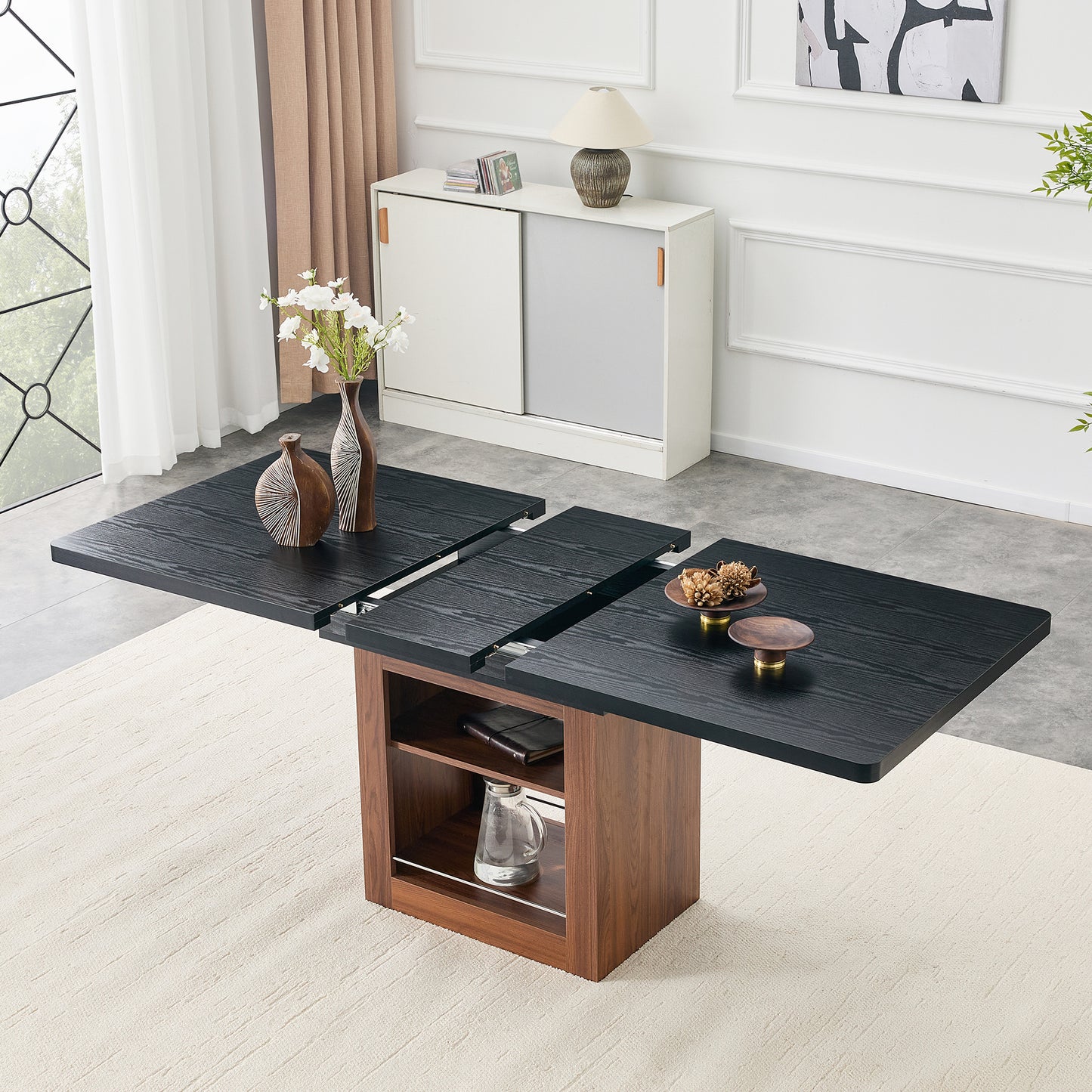 An Expandable Dining Table With Storage Space And A 59 Inch To 71