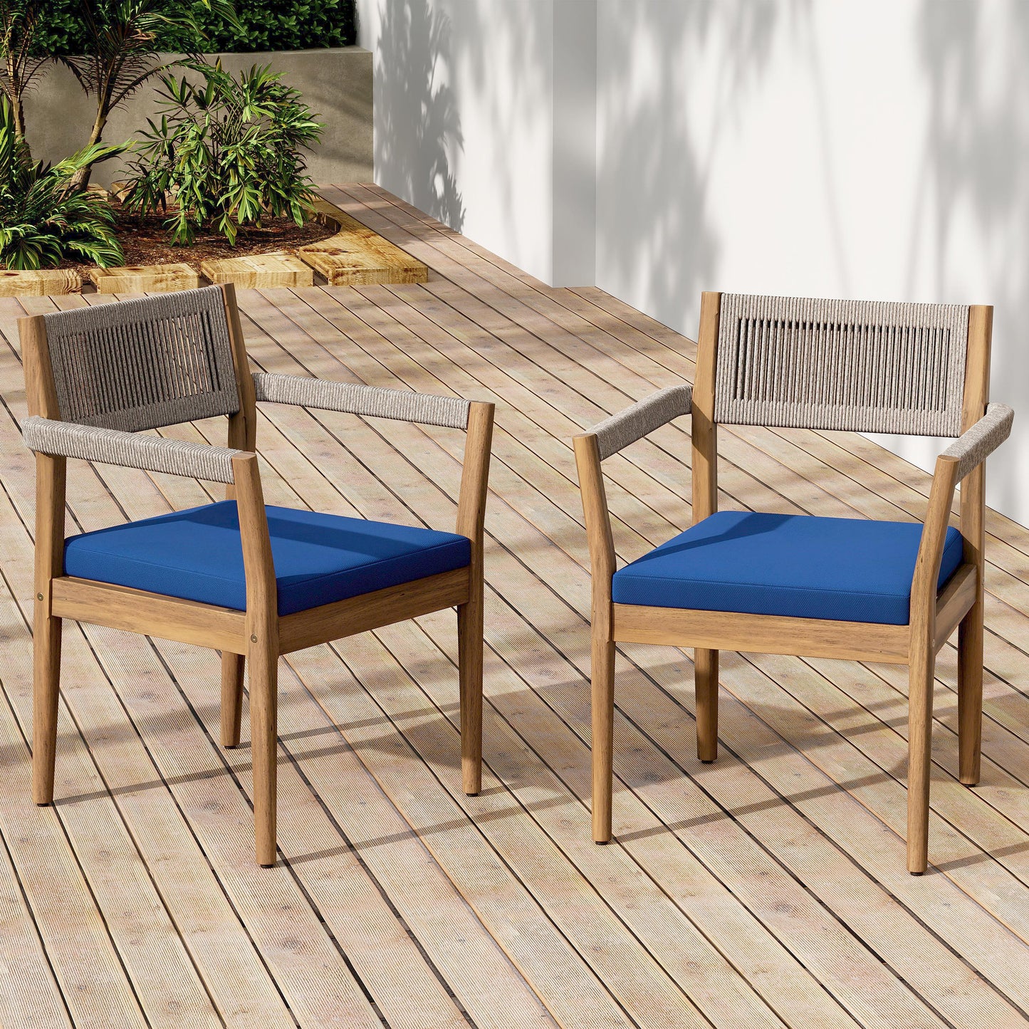 Braided Acacia Wood Outdoor Dining Chairs Set Of 4 -Teak Look With
