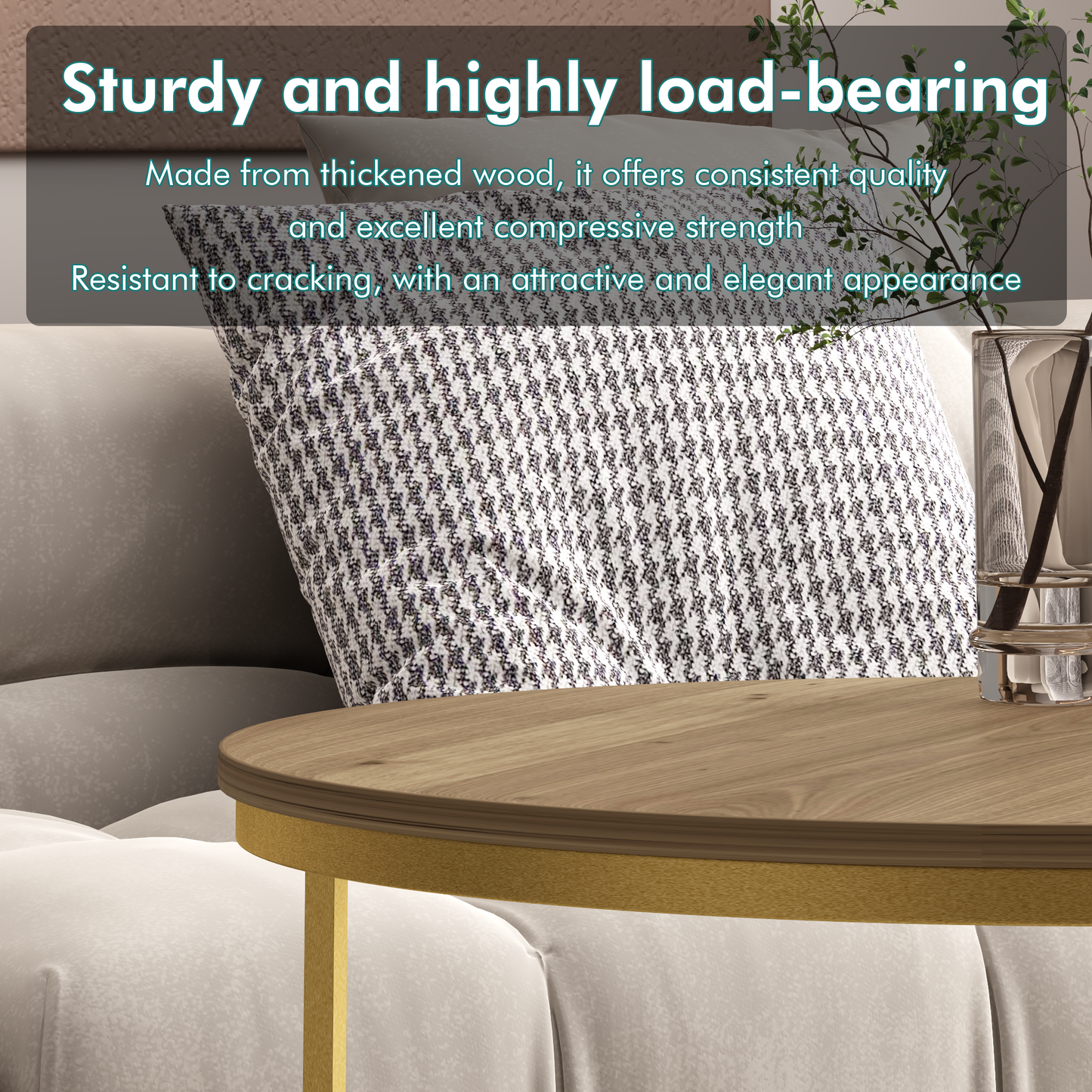 Nesting Coffee Table Set of 2 - Round Wood & Metal - Brown+Gold