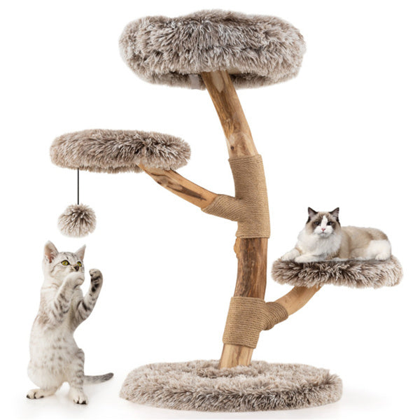 Natural Pear Wood Cat Tree with Scratching Posts & Plush Balls - Multi-Level Cat Furniture