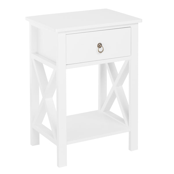 Modern White Bedside Table with Drawer and Shelf - 40x30x55 cm