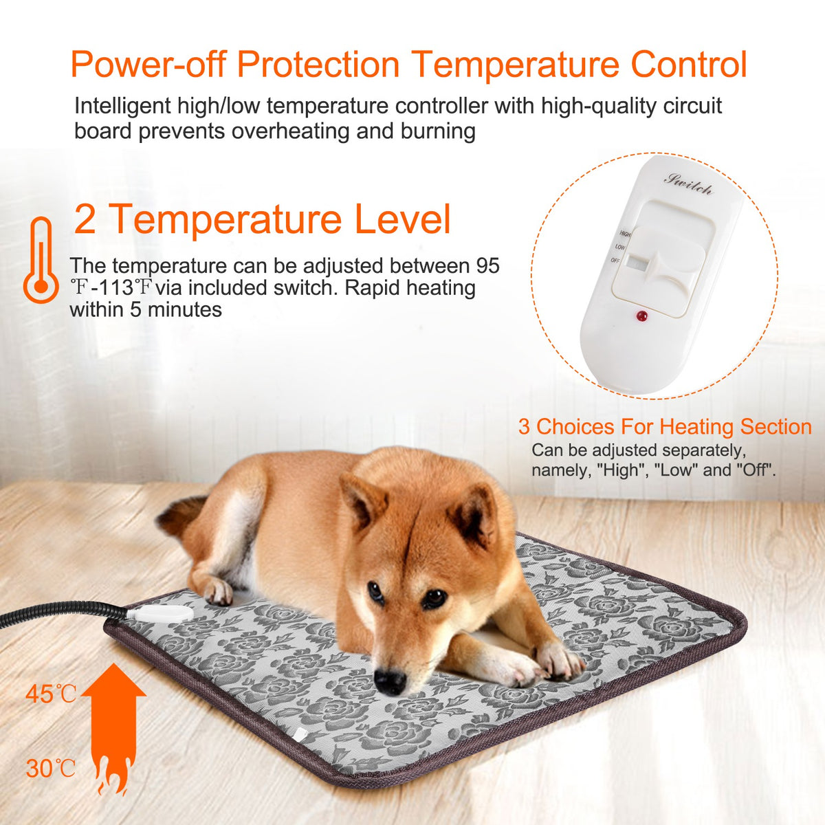 Pet Heating Pad Waterproof Adjustable Warming Blanket for Dogs & Cats - 45x45CM