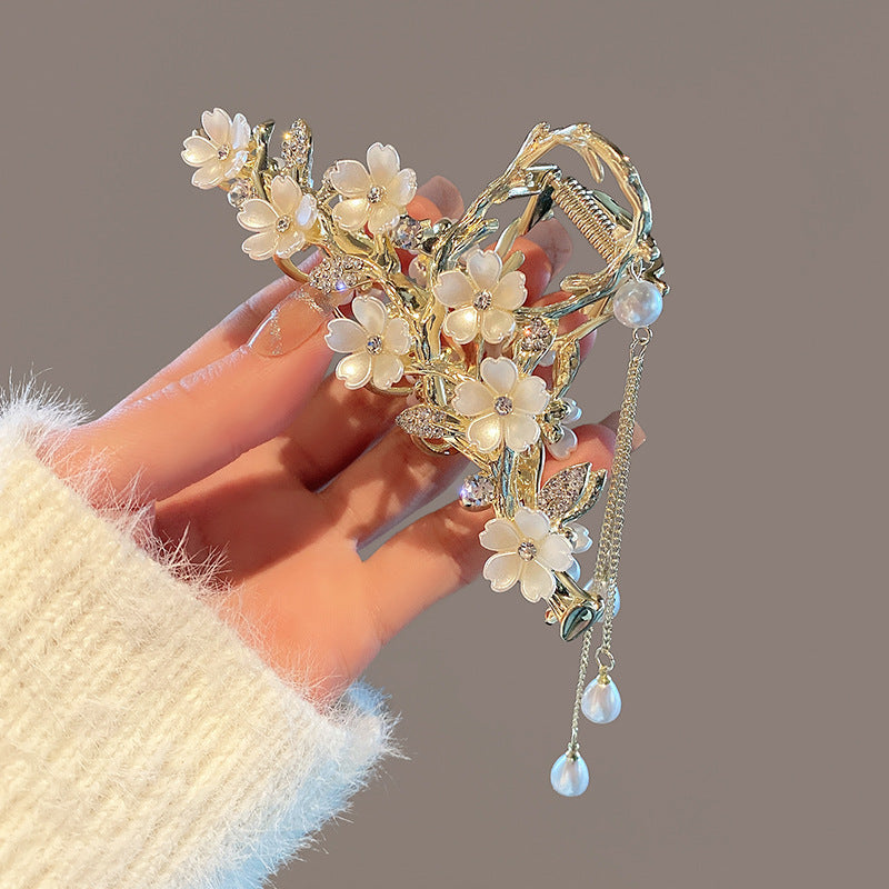 Large Metal Pearl Bell Orchid Tassel Hair Clip - Rhinestone Claw Grip