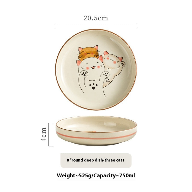 Ceramic Cat Plate Set - Deep Round Dinnerware for Home & Gift