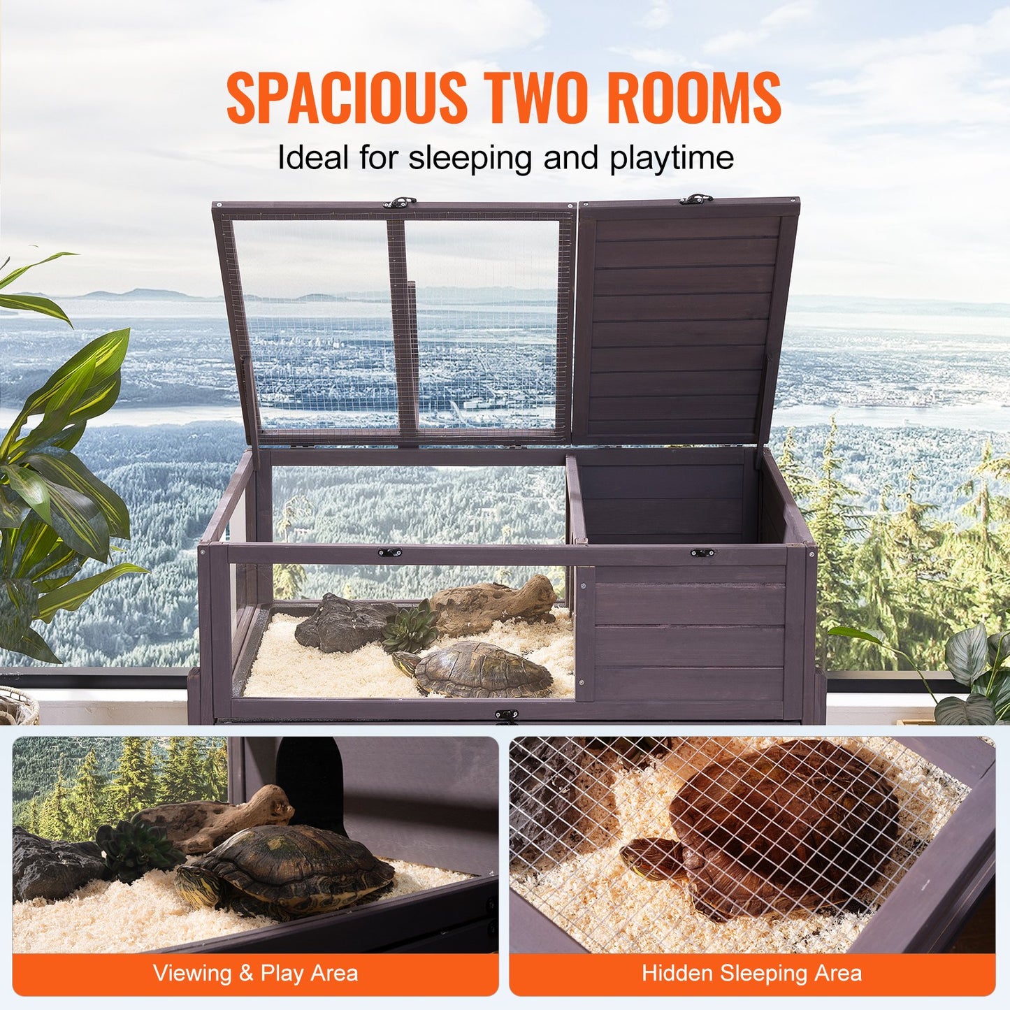 Wooden Tortoise House with Two Rooms Indoor Outdoor Pet Habitat - Cedar, Grey