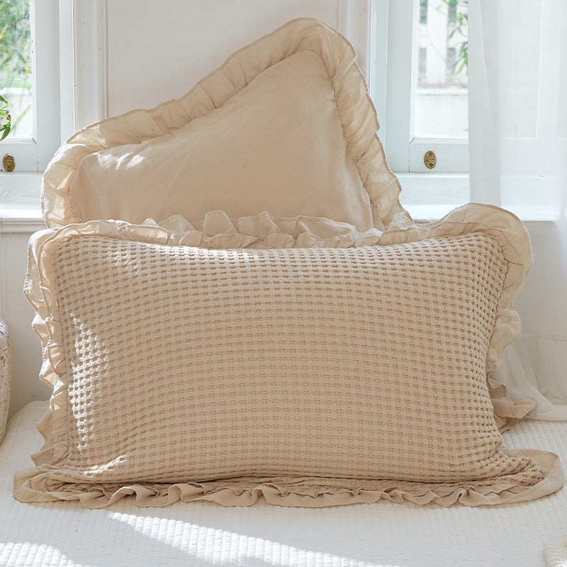 Cotton Waffle Pillowcase Set - Ruffled Single-Piece Bedding for Bedroom