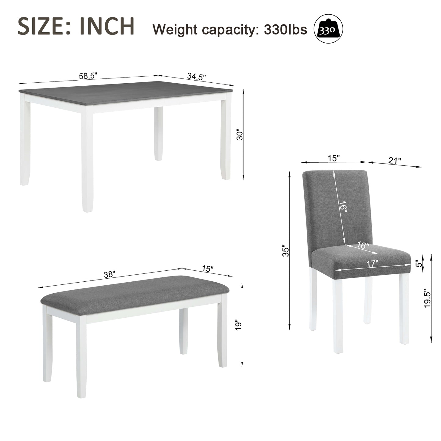 6-Piece Wooden Dining Table Set with Bench & Chairs - Grey/White