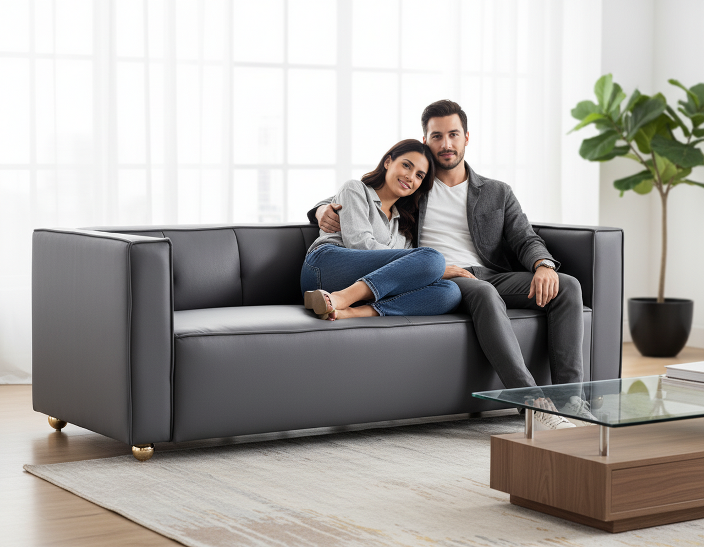 Polyester Sofa With Tufted Low Back Design, Elegant 3 Seater Couch