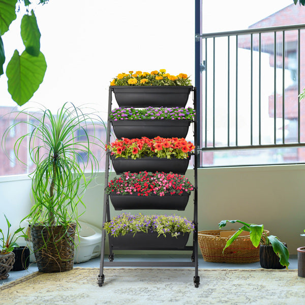 Black 5-Layer Vertical Garden Planter with Wheels - 65x60x130cm