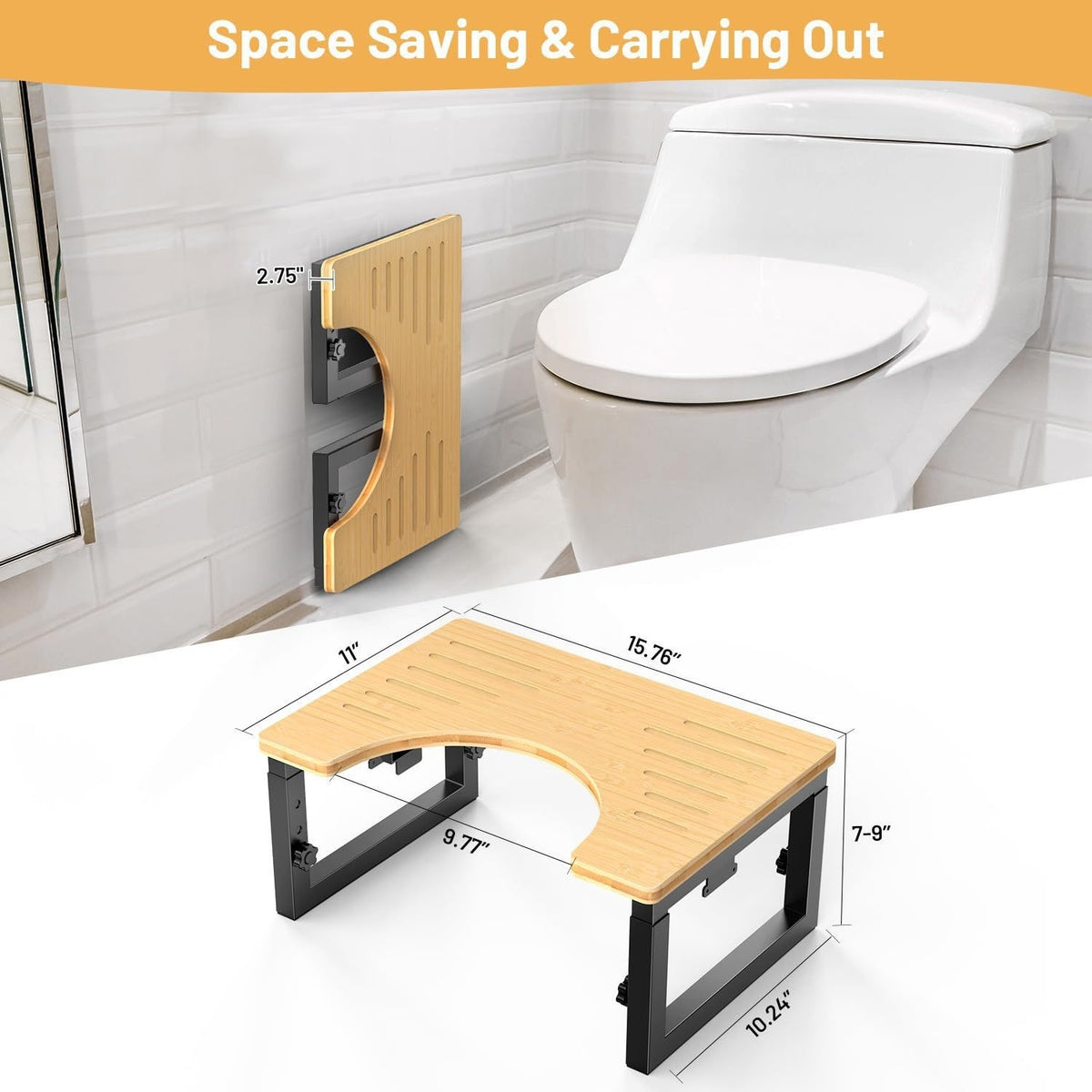 Wooden Folding Toilet Stool with Adjustable Height for Bathroom