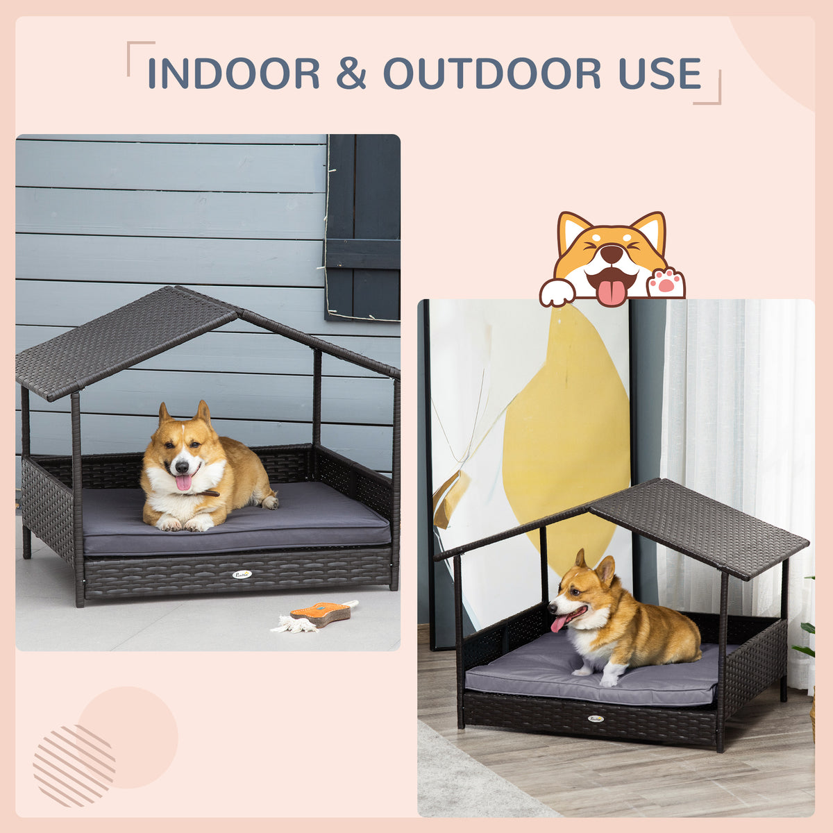 Outdoor Wicker Dog House with Canopy and Water-Resistant Cushion - Small to Medium Dogs