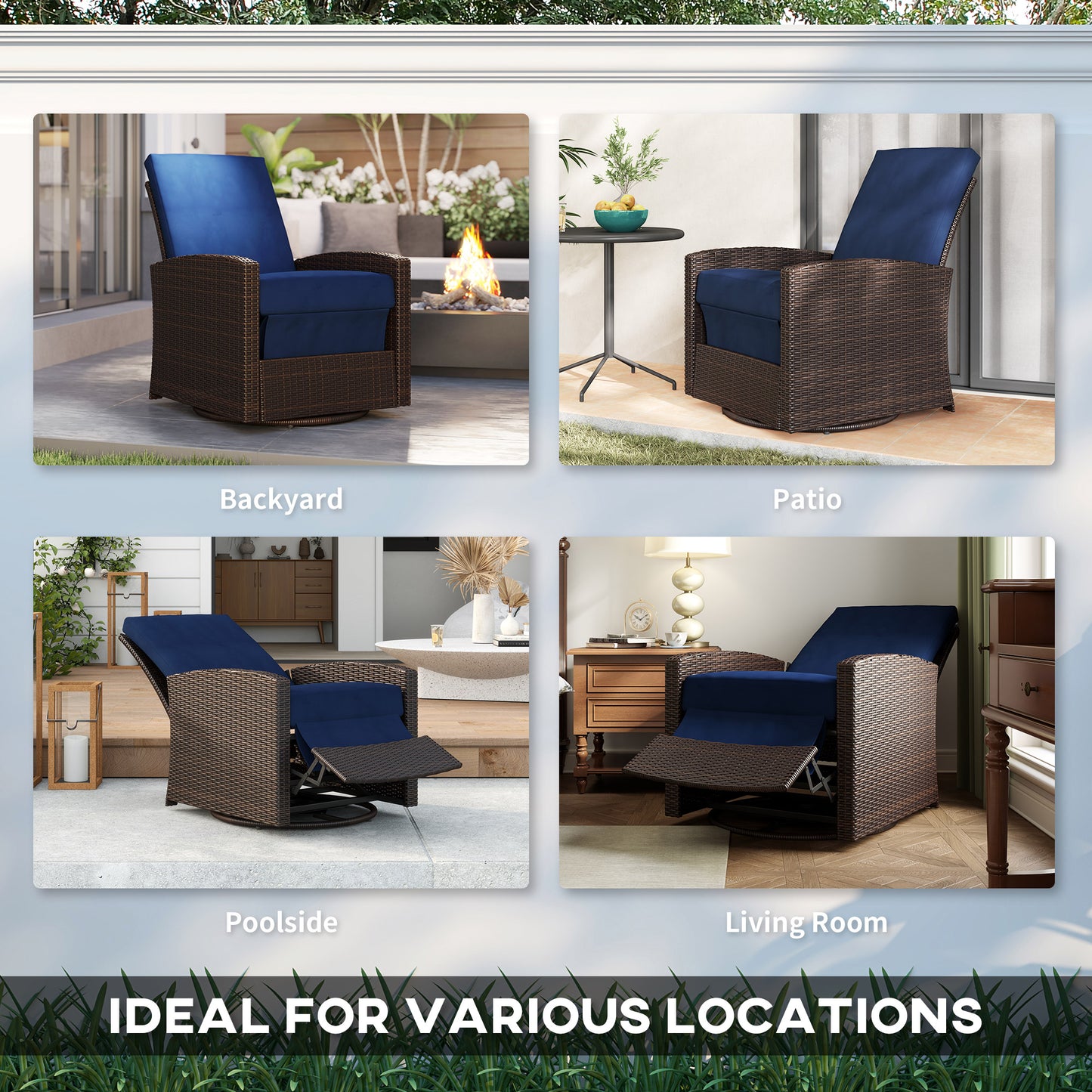 Outdoor Wicker Swivel Chair with Reclining Backrest & Footrest - Dark Blue